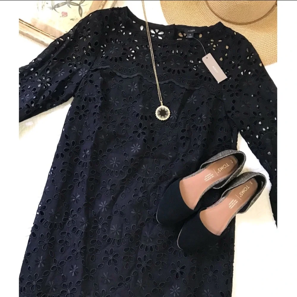 J. Crew Bell Sleeve Black Eyelet Dress NWT